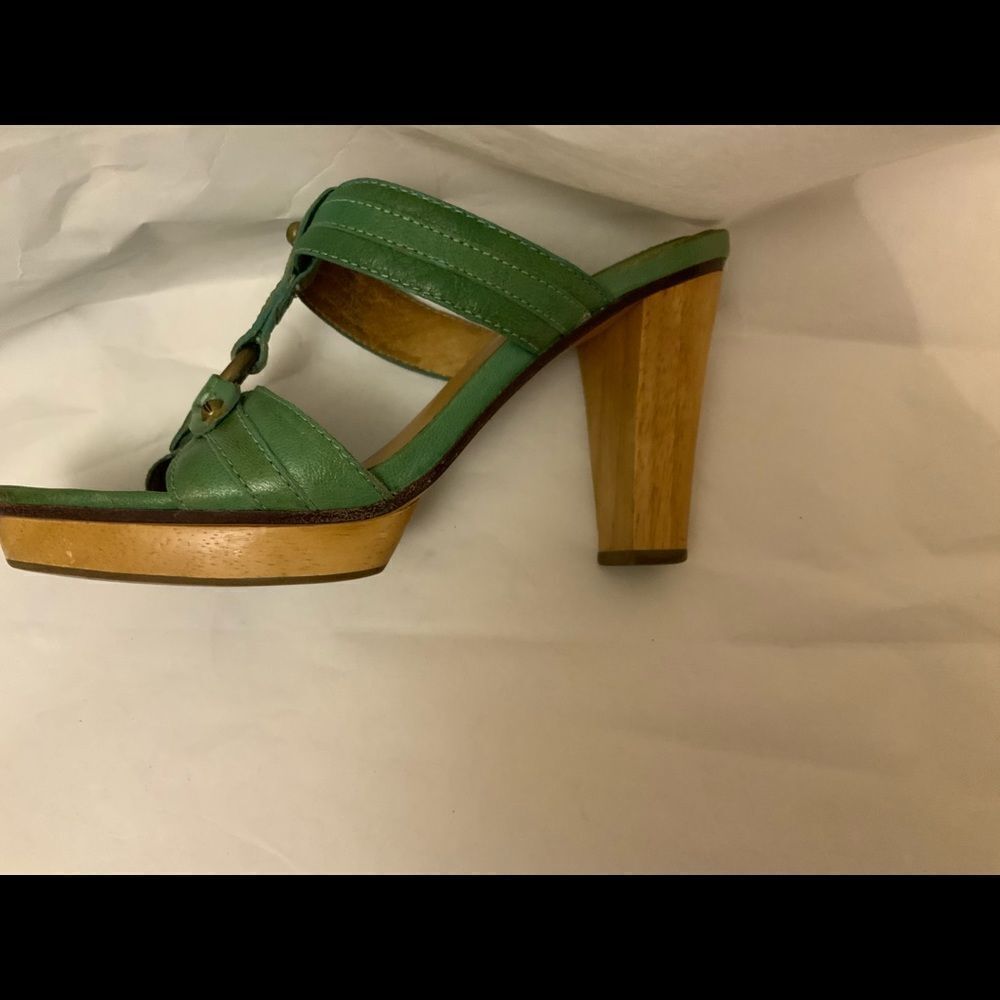Frye Leather Platform Sandals Heels SZ 7.5 Green Brown Logo Open Toe